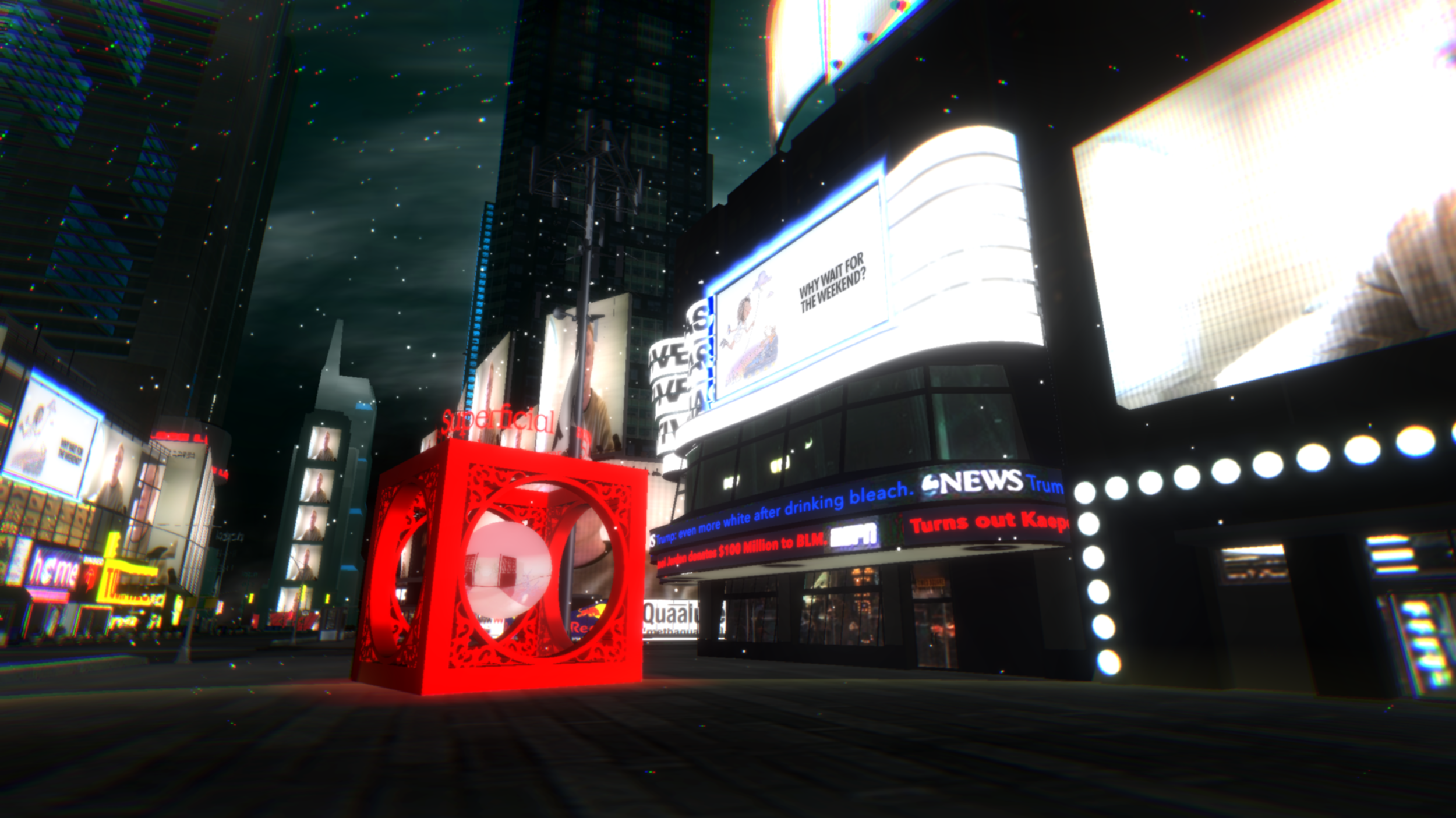 Digital cityscape with video screens of participants