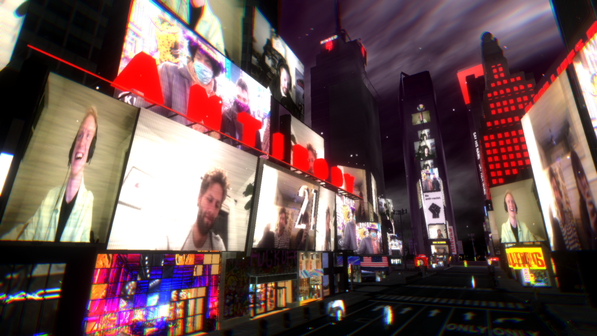 Night cityscape with participant video billboards