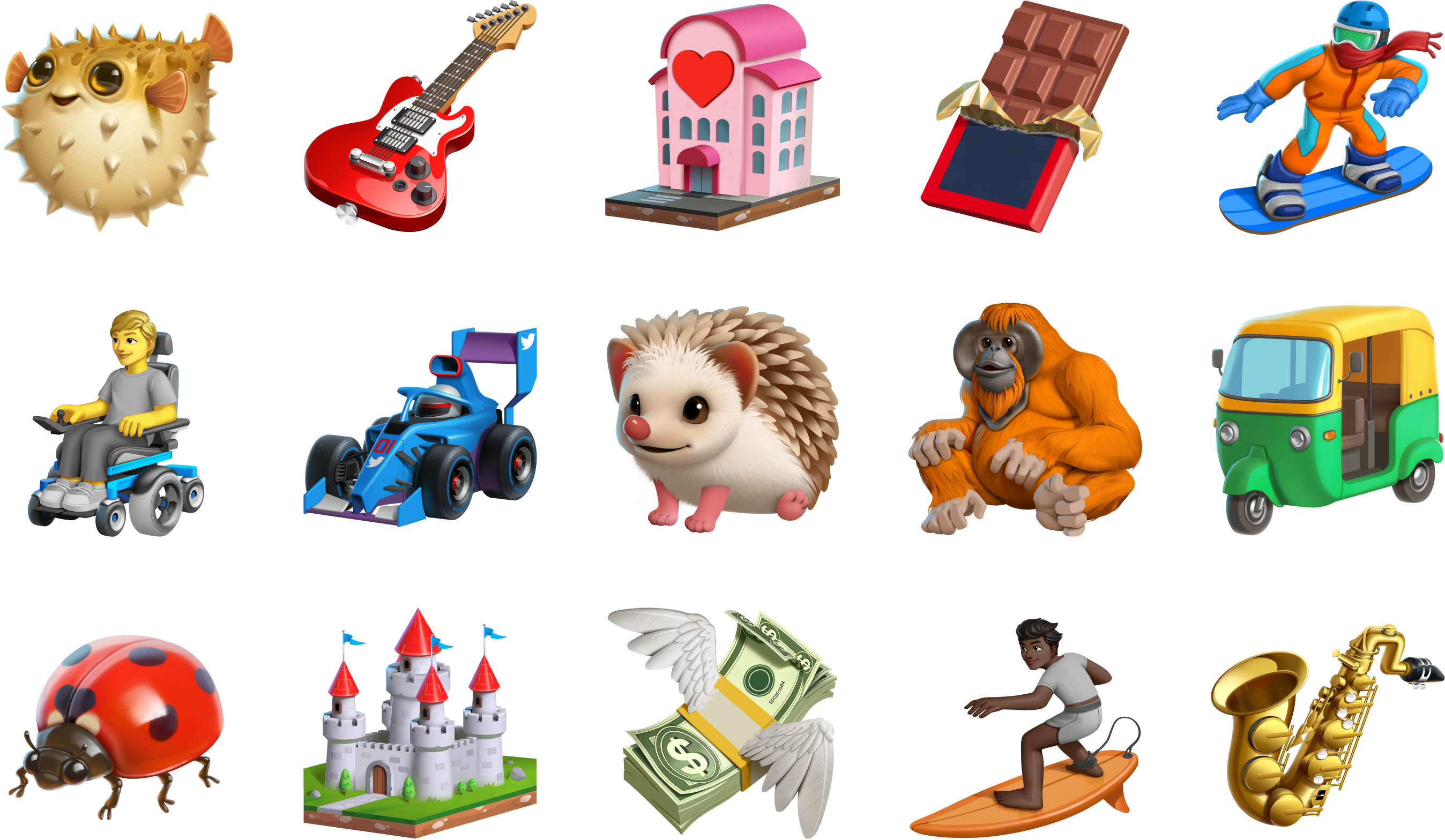 Twemoji dimensional style — three-quarter camera angle across the set