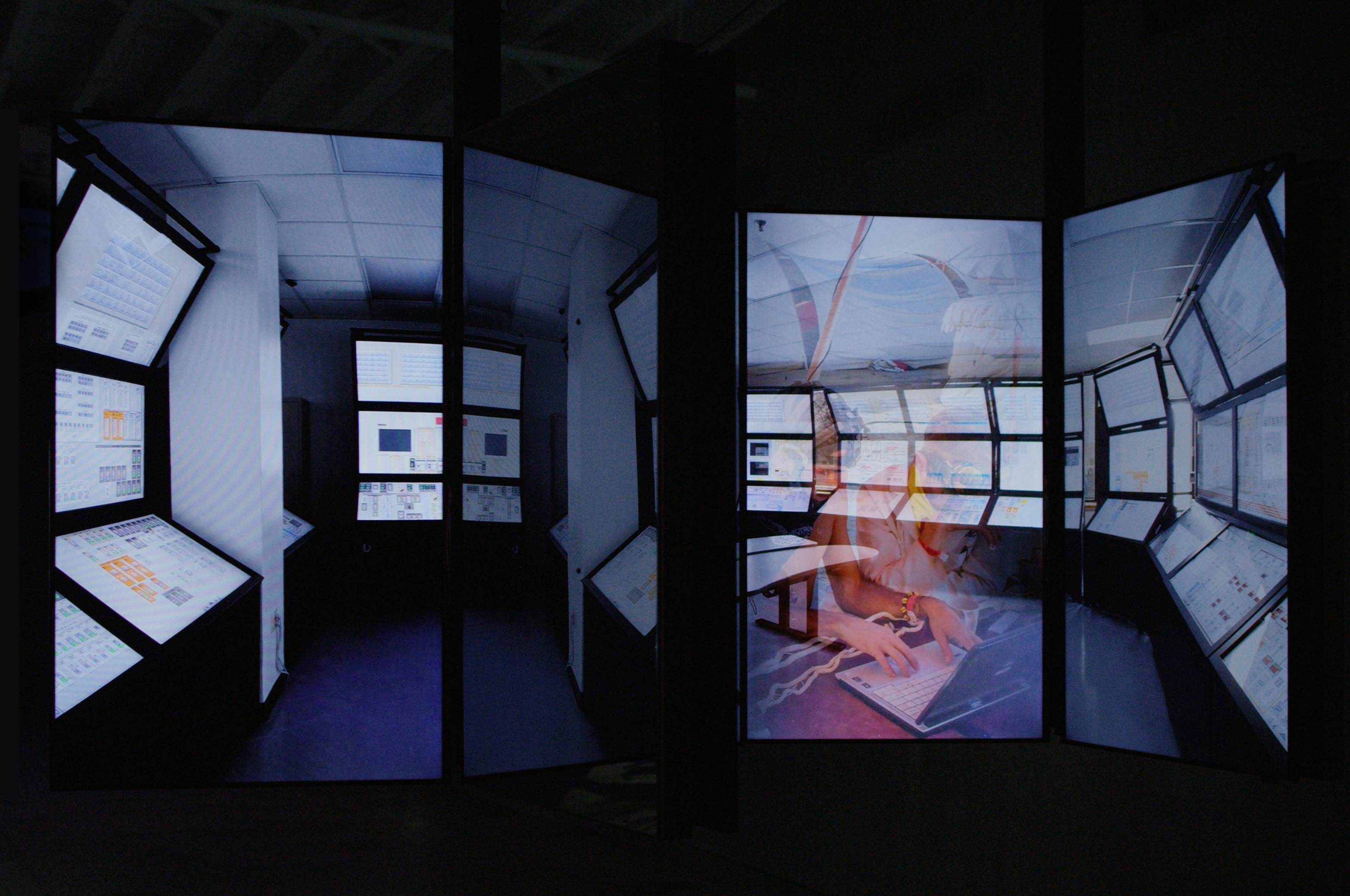 Utopia vs. Dystopia suspended video displays